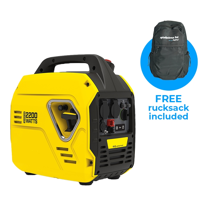 Yellow generator labeled "2200 WATTS" stands with a control panel visible; a black rucksack nearby with "spinaclean ltd" text and "FREE rucksack included" caption in blue.