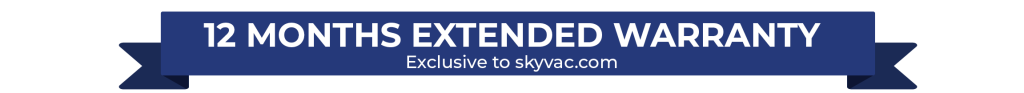 Blue banner with text stating, "12 MONTHS EXTENDED WARRANTY Exclusive to skyvac.com," featuring a ribbon-like design on either side.