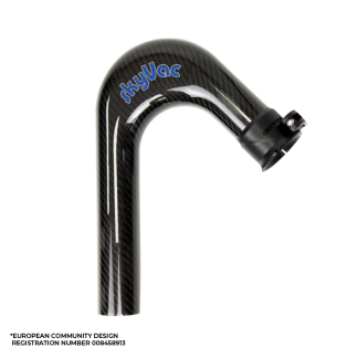 A carbon fiber tubular attachment labeled "SkyVac" with a curved design, featuring a connection mechanism on the end, set against a plain white background. Text: "EUROPEAN COMMUNITY DESIGN REGISTRATION NUMBER 008458913."