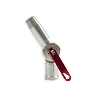 A metal valve with a red lever is angled upward against a plain white background, showing its sleek, shiny finish and utilitarian design.