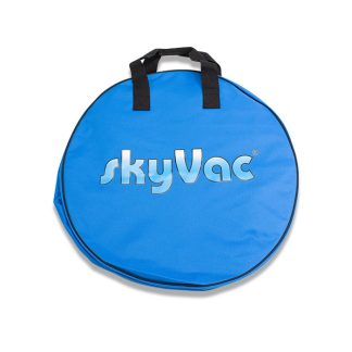 Blue carrying bag with the text "skyVac" printed in silver, featuring two black handles; isolated on a white background.