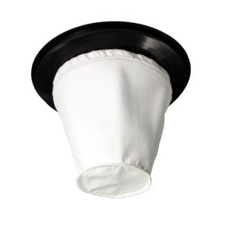 White polyester filter bag with a circular black plastic rim, hanging downward against a white background, typically used for industrial filtration purposes.