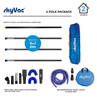 SkyVac package displaying four pole components and a blue carry bag labeled "skyVac," alongside various neck ends, tools, a detachable vacuum release cuff, a 5-meter reinforced hose, and hose bag. Text includes "4 Pole Package," "Reach 6m/20ft," and "2 Storeys."