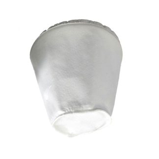 A white, cone-shaped air filter lying on a plain white background.