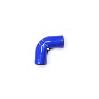A blue, L-shaped silicone hose with metal clamps is displayed on a plain white background.