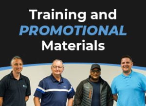 Four smiling individuals stand in a row beneath the bold text: “Training and PROMOTIONAL Materials,” against a black backdrop. They wear casual, sporty attire in blues and grays.