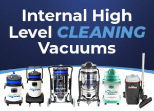 Six industrial vacuum cleaners are displayed side by side, beneath bold text reading "Internal High Level CLEANING Vacuums" on a gradient blue background.