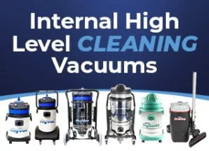 Six industrial vacuum cleaners are displayed side by side, beneath bold text reading "Internal High Level CLEANING Vacuums" on a gradient blue background.