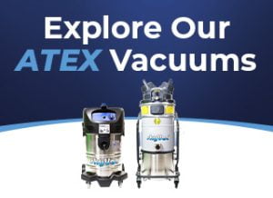 Two industrial vacuums stand against a blue gradient background with bold text reading, "Explore Our ATEX Vacuums." The vacuums display the "DustyVac" branding.