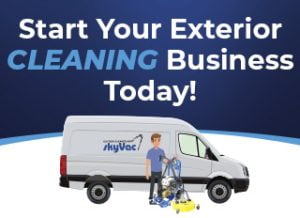 A person stands next to a van marked "skyVac," holding cleaning equipment, with blue-gradient text above: "Start Your Exterior CLEANING Business Today!"