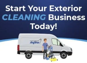 A person stands next to a van marked "skyVac," holding cleaning equipment, with blue-gradient text above: "Start Your Exterior CLEANING Business Today!"