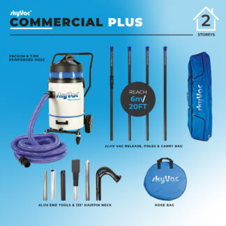SkyVac Commercial Plus cleaning system with a vacuum, 7.5m hose, poles reaching 6m/20ft, various tools, and carry bags, shown on a blue background promoting two-storey reach.