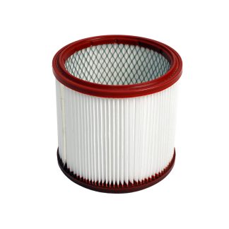 Cylindrical air filter with white pleated paper, featuring red plastic end caps, shown standing upright on a white background.