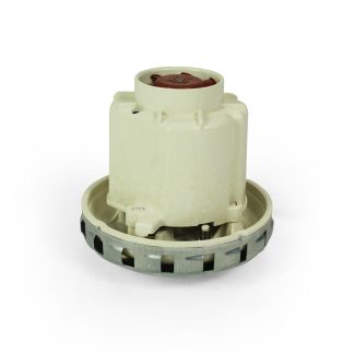 A white plastic motor housing with a red top, resting on a metallic base featuring vent openings, isolated against a plain white background.