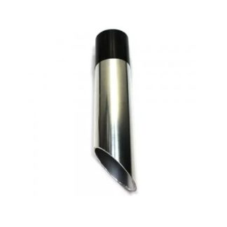 A silver, cylindrical metal exhaust tip with a black cap is angled downward, isolated on a plain white background.