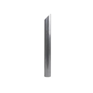 A metallic, cylindrical pipe stands upright with a slanted cut at its top, set against a plain white background.