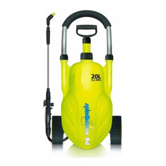 A bright yellow pressure sprayer with a handle and wheels stands upright; side text reads "20L 0.4 MPa" and "spinaclean ltd," accompanied by an attached spray wand.