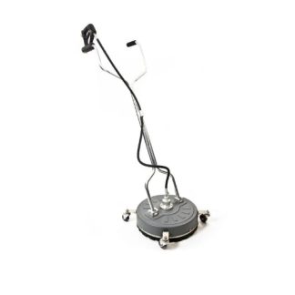 A floor cleaning machine with a circular base and a handle stands on wheels, designed for surface cleaning tasks, against a plain white background.