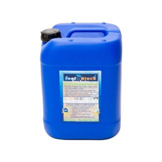 A blue plastic canister labeled "Seal Block EasySeal" sits upright, featuring a detailed product description and usage instructions on the front label against a white background.