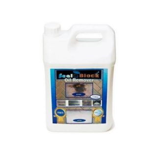 A white plastic container labeled "Seal Block Oil Remover" with images of stone surfaces, holds one liter of cleaning solution, designed for removing oil stains on tiles and blocks.