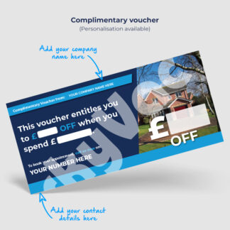 Voucher depicting a suburban house, offering a discount with customizable text areas for company name and contact details, on a blue background with bold white text stating, "This voucher entitles you to £[blank] OFF when you spend £[blank]."