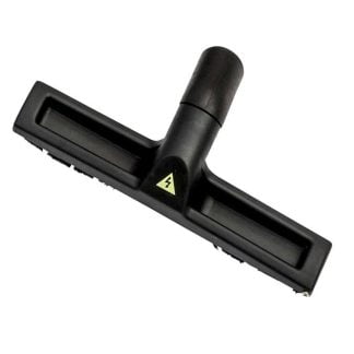 Black vacuum cleaner floor nozzle with a brush, featuring a yellow triangle with a lightning bolt symbol, designed for efficient cleaning on hard surfaces, isolated on a white background.