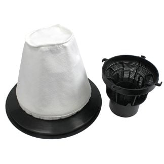 White fabric cone filter, placed on a black circular base, next to a black plastic mesh basket, against a white background.