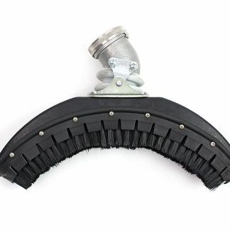 Curved industrial brush head with black bristles and a metal attachment, placed against a plain white background.