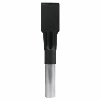 Black plastic and silver metal nozzle standing upright, designed for a vacuum cleaner attachment, set against a plain white background.