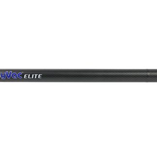 SkyVac Elite carbon fiber pole lies horizontally with a locking mechanism on one end, labeled "skyVac ELITE" in blue and white text, set against a white background.