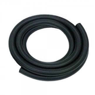 A coiled, black, corrugated plastic hose sits on a white background, indicating storage or preparation for use.