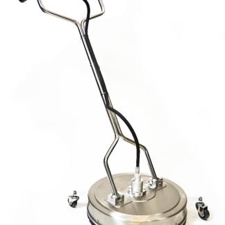 A stainless steel surface cleaner with a long handle and black hose, equipped with four caster wheels, stands against a plain white background.