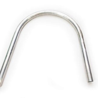 Curved metallic tube bent into a U-shape, lying flat on a plain white background, showcasing its reflective surface and smooth curves.