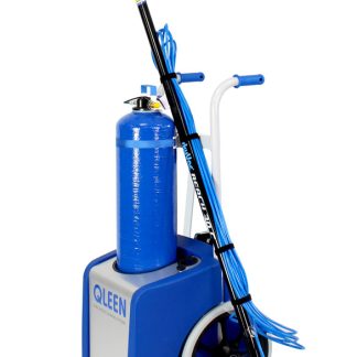 Cleaning system cart with a blue cylindrical tank and attached long pole featuring a brush, positioned on wheels for mobility. The text "QLEEN" is displayed on the side.