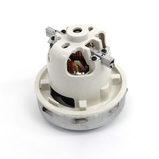 A cylindrical vacuum cleaner motor with visible metal components and a white plastic housing, sits on a plain, light background. The top part features wiring and mechanical elements.