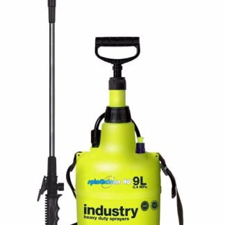A bright yellow industrial sprayer with a black handle and lance, labeled “spinaclean ltd 9L 0.4 MPa industry heavy duty sprayers,” is set against a plain background.