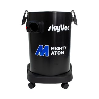 Black cylindrical vacuum cleaner labeled "skyVac" and "Mighty Atom," positioned upright on a wheeled base, with a nozzle on the side, set against a plain white background.