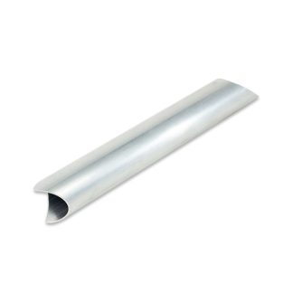 A curved aluminum extrusion rests against a plain white background, showcasing its smooth, reflective surface and open cross-section suitable for various construction applications.