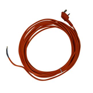 A coiled red electrical cable with a European-style plug on one end, set against a white background. The other end is stripped, revealing blue and brown wires.