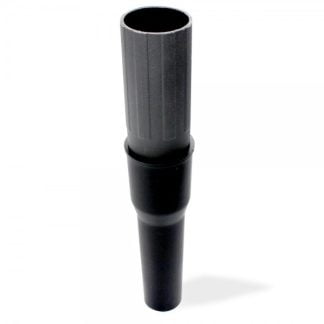 Black plastic vacuum hose adapter resting vertically against a white background, featuring a ribbed upper section and smooth tapered lower section.