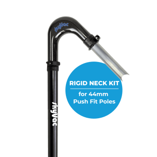 The image features a black rigid neck kit for 44mm push-fit poles, branded "skyVac," with a blue circular label displaying the text "RIGID NECK KIT for 44mm Push Fit Poles."