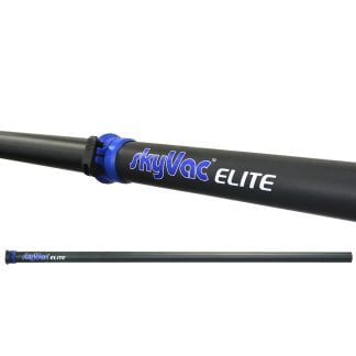 Black telescopic pole labeled "skyVac ELITE" features a blue coupling component, presented against a plain white background.