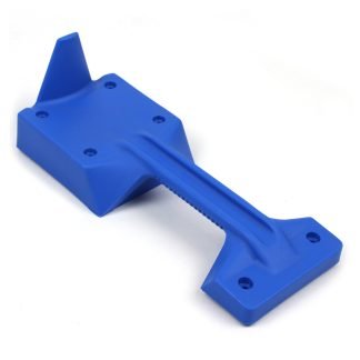 Blue plastic handle with a rectangular base featuring six screw holes, resting on a white surface, designed for mounting purposes.