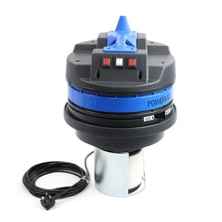The Powermix device is a black and blue cylindrical motor with switches on top, connected to a long black power cord, set against a plain white background.