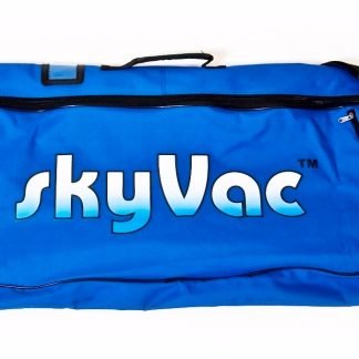 Blue carrying bag displaying the text "skyVac" in white and black with zippers, set against a plain white background.