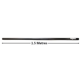 A 1.5-meter black barbell rod lies flat against a white background. The word "skyvac" is written in white text on the right end of the rod.