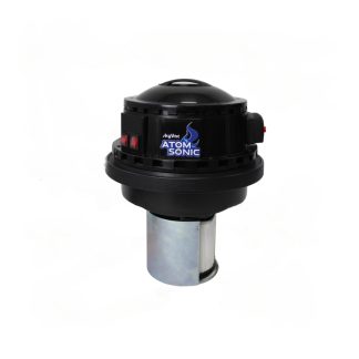 Black device labeled "skyVac ATOM SONIC" with a cylindrical filter protruding from the bottom, against a plain white background.