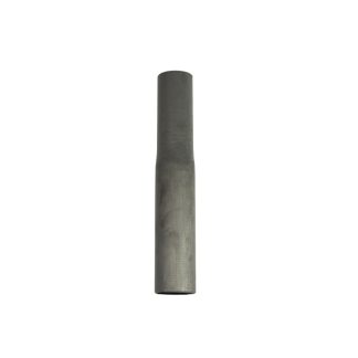 A grey, cylindrical metal tube stands upright against a plain white background, with a slightly tapered shape towards the top.