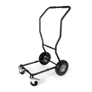 A black dolly cart with a handle and four wheels, including two larger rear wheels and two swiveling front casters, standing on a white background.