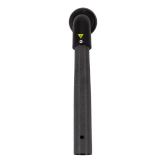 A carbon fiber seat tube with a textured surface is positioned vertically. There is a small yellow lightning bolt symbol, indicating caution, on the black upper section against a white background.